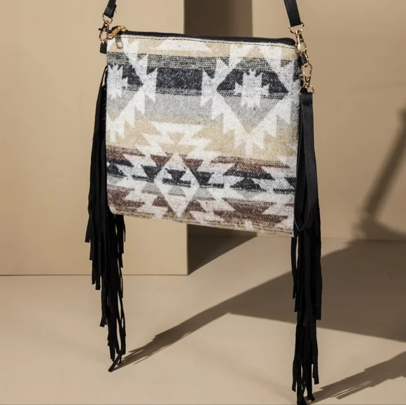 Fringed Crossbody Bag - Ethnic Southwest inspired Design - Clutch Strap Included - Picture 2 of 6